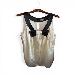 ROZ & ALI Cream Satin Tank with Black Trim and Sequin Bow Accent Size 16 Womens